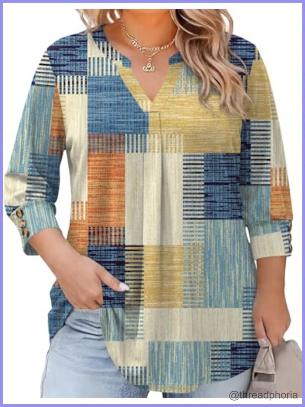 Womens Plus Size Tunic Top 3/4 Sleeve V Neck Pleated Blouse